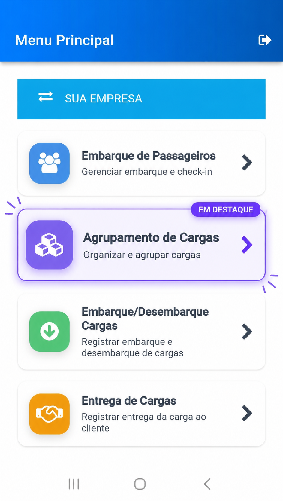 Menu mobile com opção de agrupamento de cargas