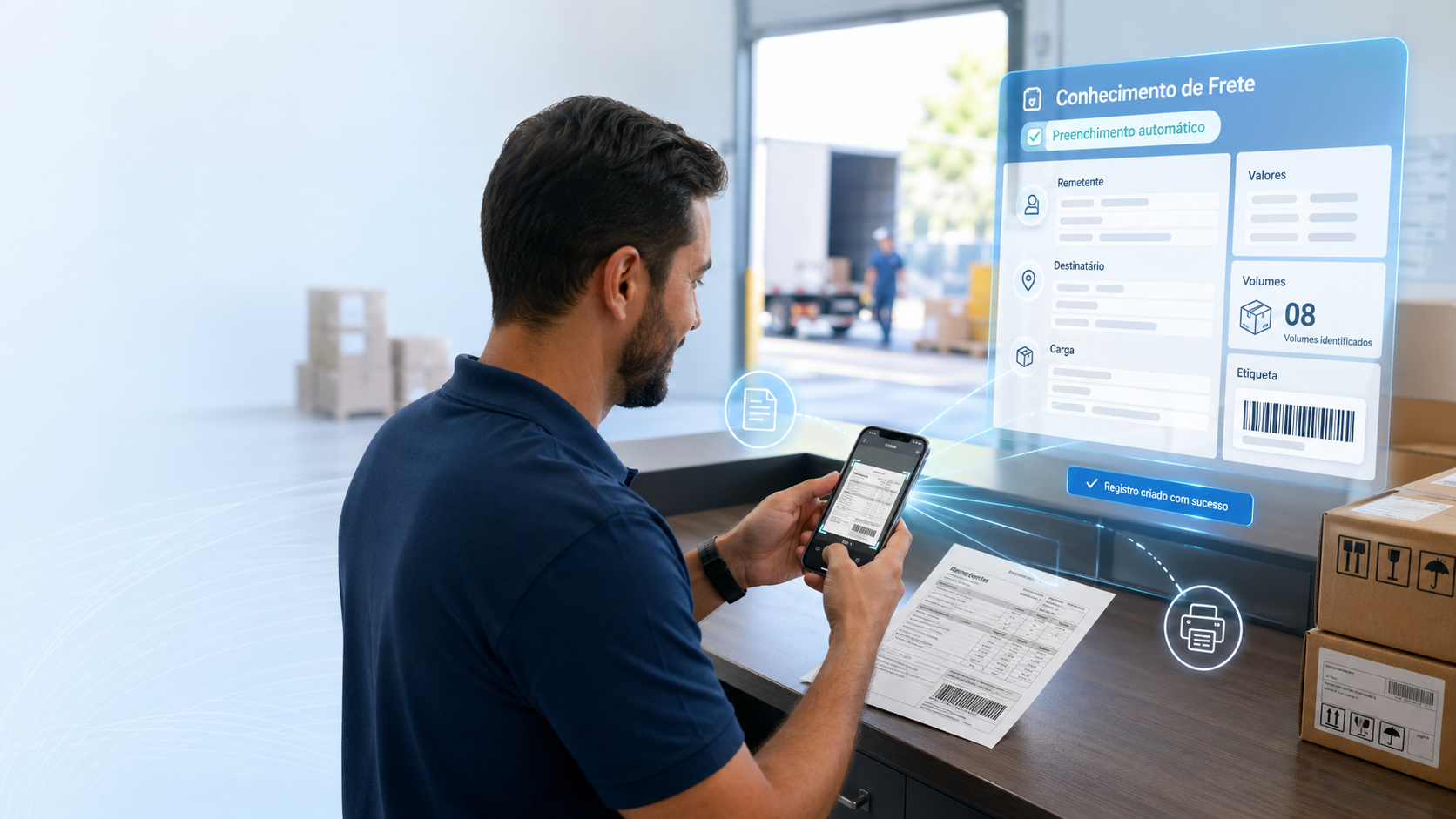 Agente capturando nota fiscal pelo celular com preenchimento automático do conhecimento de frete