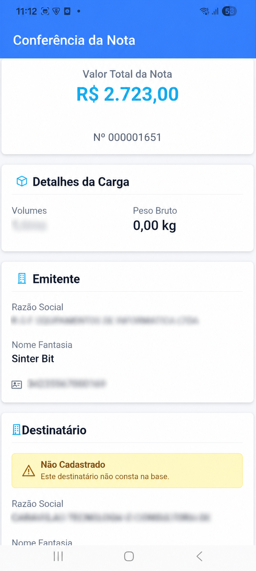 Tela mobile de conferência da nota fiscal