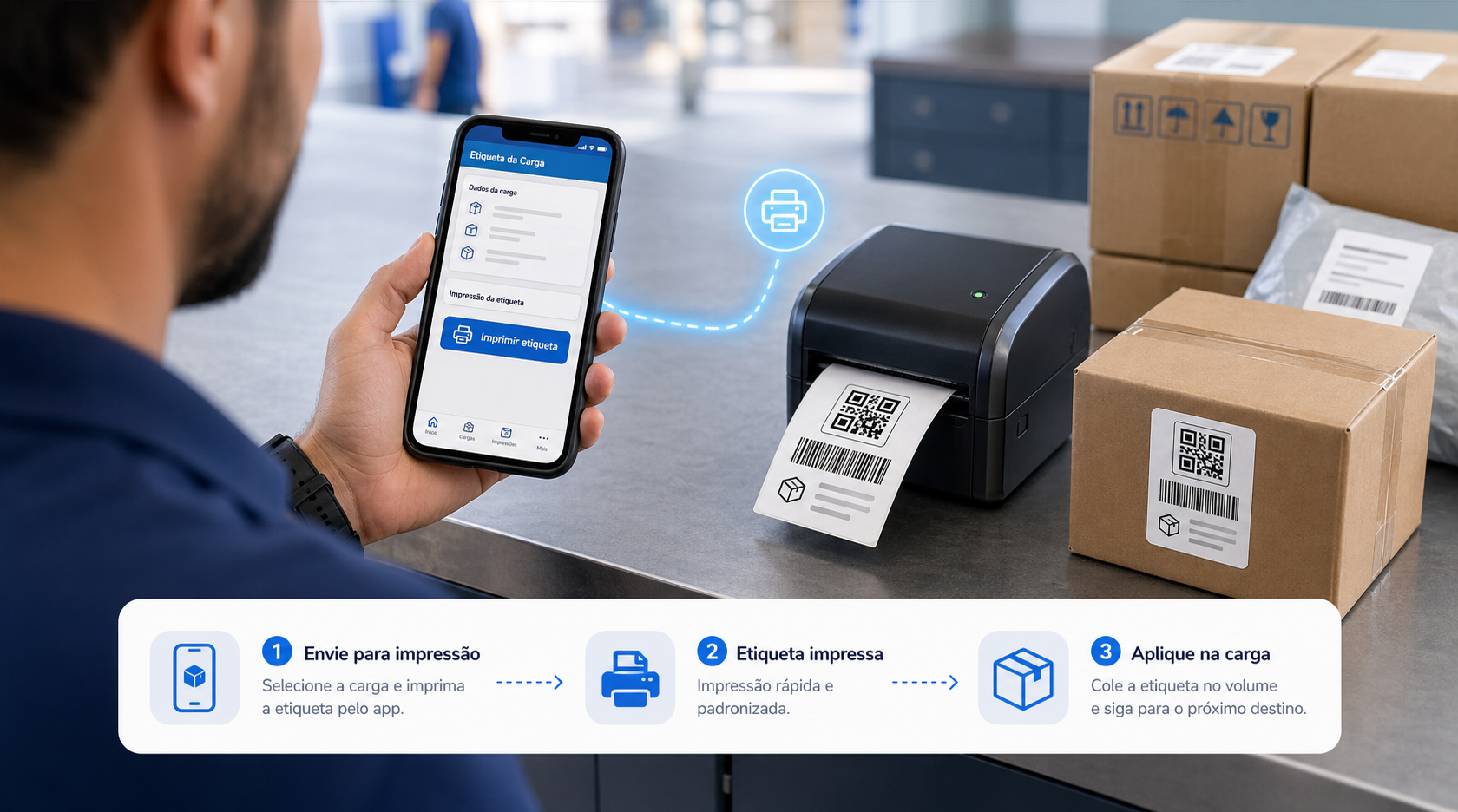 Usuário imprimindo etiqueta de carga pelo aplicativo no celular