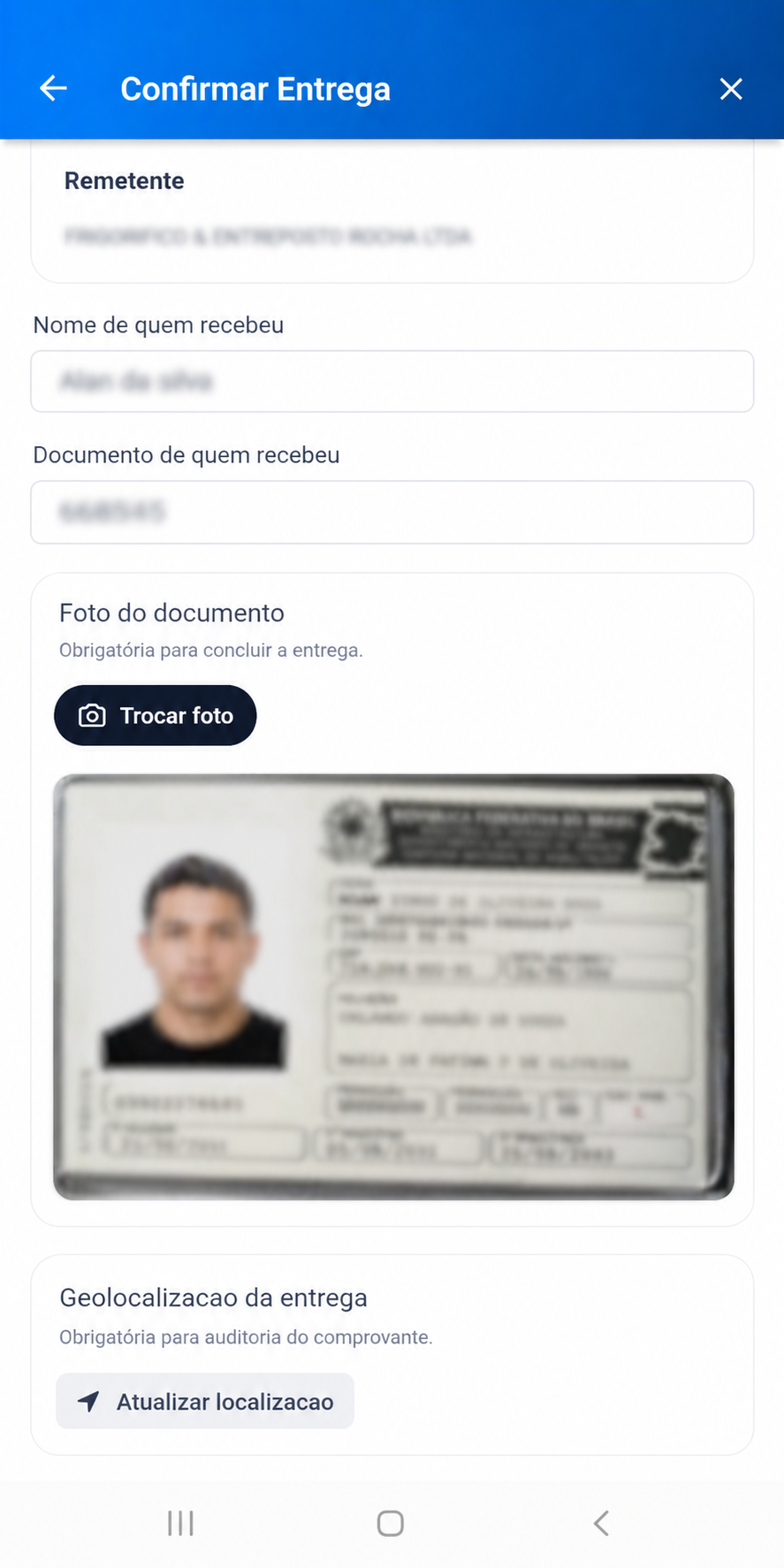 Tela mobile de captura do documento para confirmação de entrega