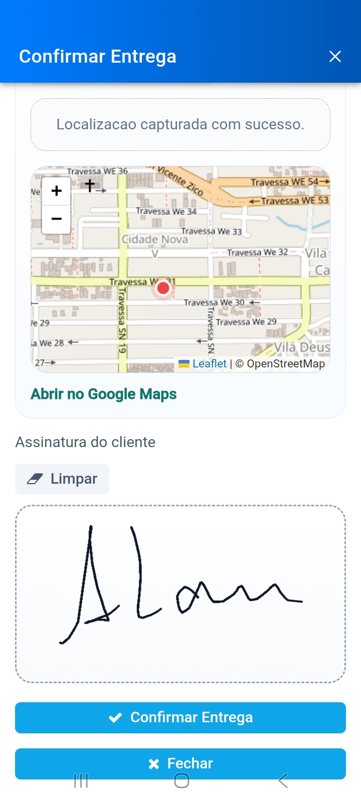 Tela mobile com localização capturada e assinatura do cliente na entrega