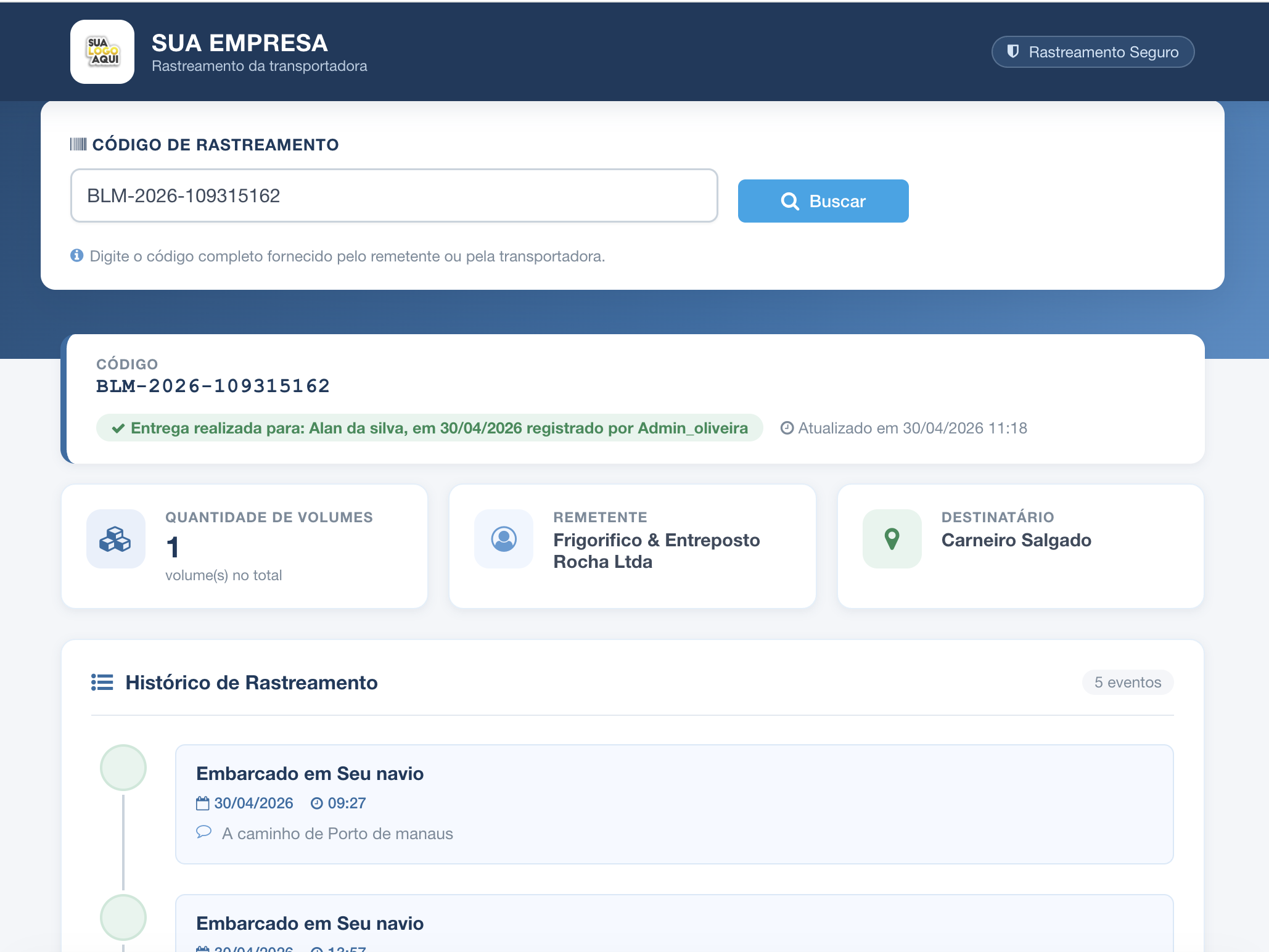 Tela de rastreamento disponível para o cliente acompanhar a carga