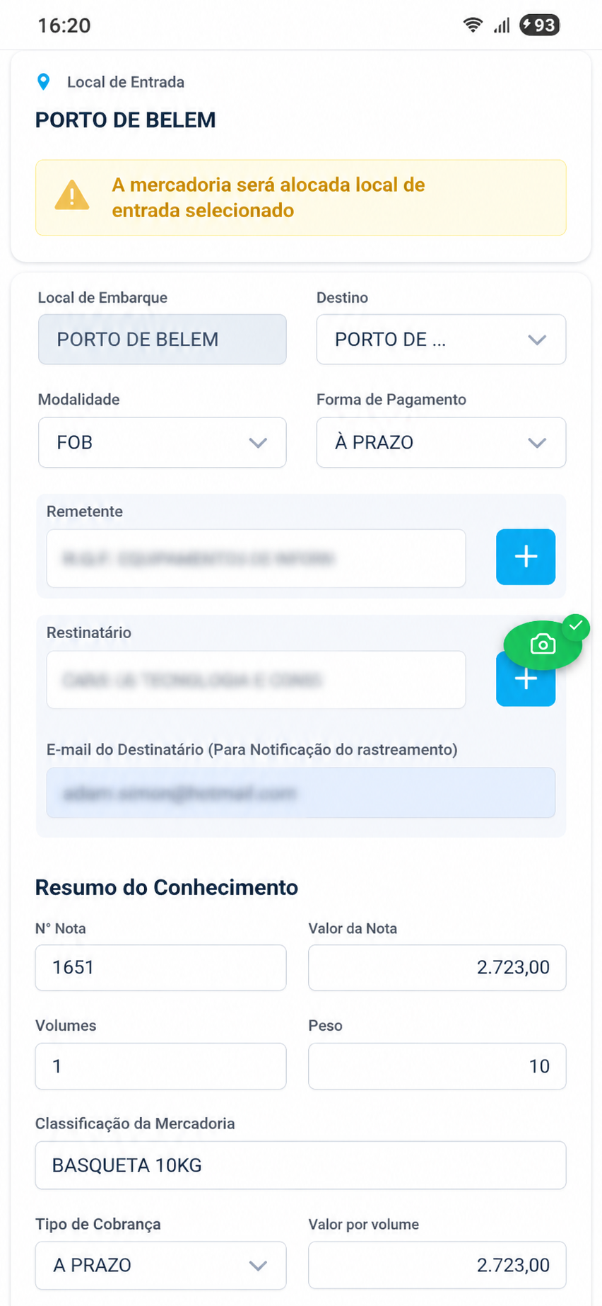 Tela mobile de registro da carga